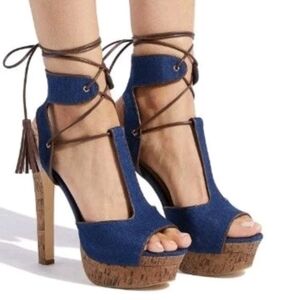 Shoedazzle Adeline Dress Lace Up Denim Platform High Heel Sandals Size 8